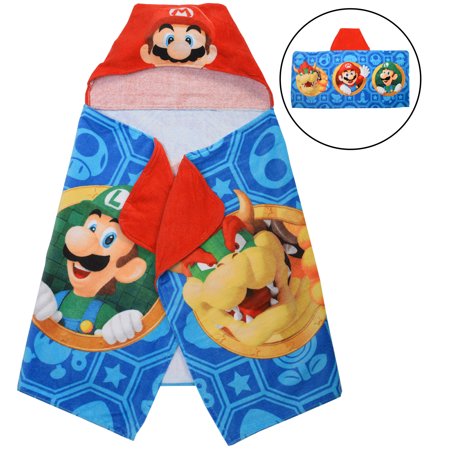 Super Mario Kids Hooded Bath Towel, Cotton, Blue, Nintendo