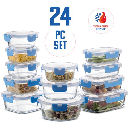 Superior Glass Food Storage Containers Set 24-Piece - Newly Innovated Hinged BPA-free Locking lids - 100% Leak Proof Glass Meal Prep Containers, Great on-the-go & Freezer to Oven Safe Food Containers