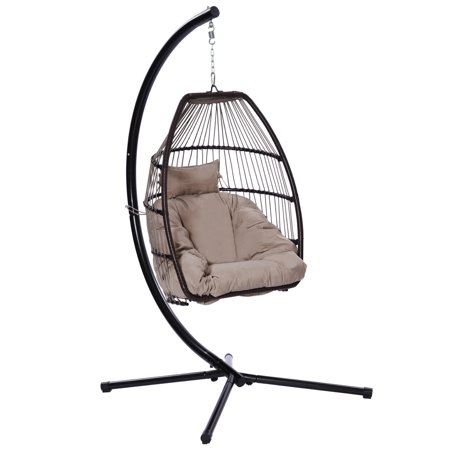 Swing Egg Chair,Hammock Chair, Hanging Chair, Aluminum Frame and UV Resistant Cushion with Steel Stand, Indoor Outdoor Patio Porch Lounge Bedroom Hand Made Wicker Rattan Chair, 350LBS Capacity