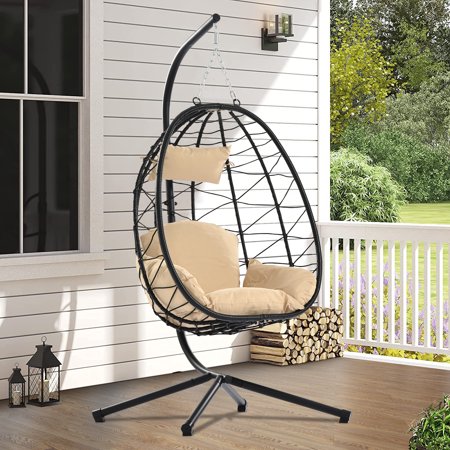 SYNGAR Egg Chair with Stand, Wicker Swing Chair, Patio Hammock Chair with Soft Cushion, Indoor Outdoor Balcony Bedroom Basket Hanging Lounge Chair, Heavy Duty Frame for 300 lbs Capacity, Beige, D6506