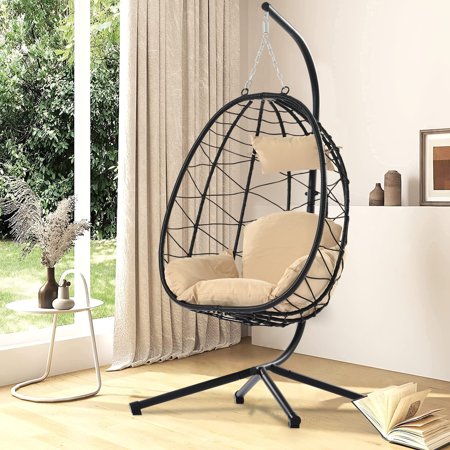 Syngar Hanging Egg Chair, Swing Chair With Steel Hammock Stand Set, Hammock Chair With Soft Seat Cushion, Multifunctional Hanging Chairs For Outdoor Indoor Bedroom, Khaki