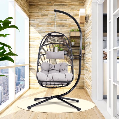 SYNGAR Hanging Egg Chair with Stand for Indoor/Outdoor, Patio Wicker Swing Chair with Seat Cushion & Pillow, Heavy Duty Hammock Basket Chair for Bedroom, Porch, Balcony, 300 lbs Capacity, D6000