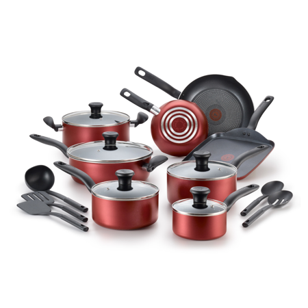 T-fal Initiatives Nonstick Cookware, 18 piece Set, Red, B209SI64