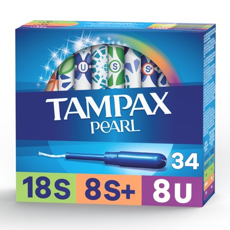 Tampax Pearl Tampons, Unscented, Super, Super Plus and Ultra, 34 Ct