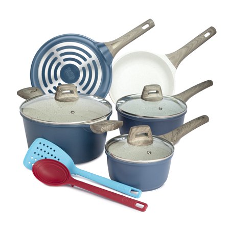 Tasty Cast Aluminum Cookware Set with Smart Heat Base, Dishwasher Safe, Blue, 10 Piece