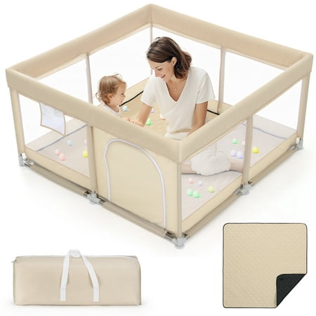 Teayingde Baby Playpen Large Play Yard Fence With Mat For Toddlers, 50&Quot;X50&Quot; Khaki