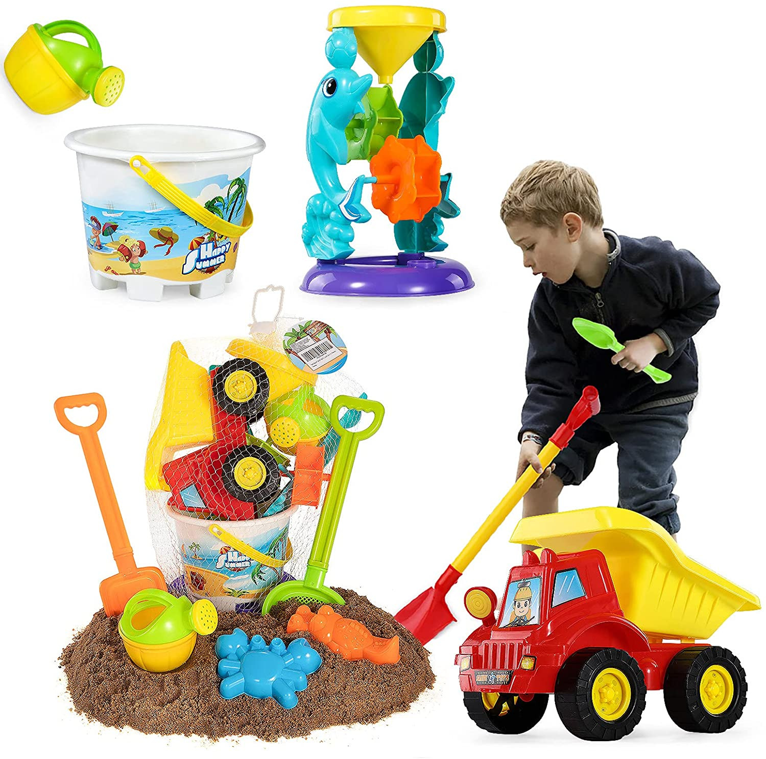 TEMI Beach Sand Toys for 3 4 5 6 7 Year Old Boys W/ Water Wheel, Dump Truck, Buc