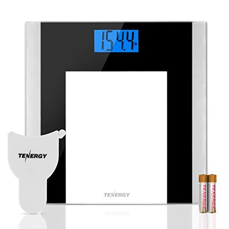 Tenergy Body Weight Scale with Step-On Technology, Tempered Glass Platform w/Backlit LCD, High Precision Digital Bathroom Scale, 400-Pound Capacity, Bonus Body Measuring Tape & Batteries Included
