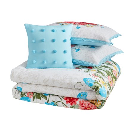 The Pioneer Woman 4-Piece Comforter Set, Sweet Rose Bedding, Light Blue, Full Queen