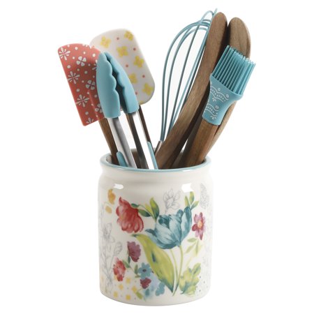 The Pioneer Woman Blooming Bouquet 7-Piece Mini Silicone Kitchen Tools and Ceramic Crock Set