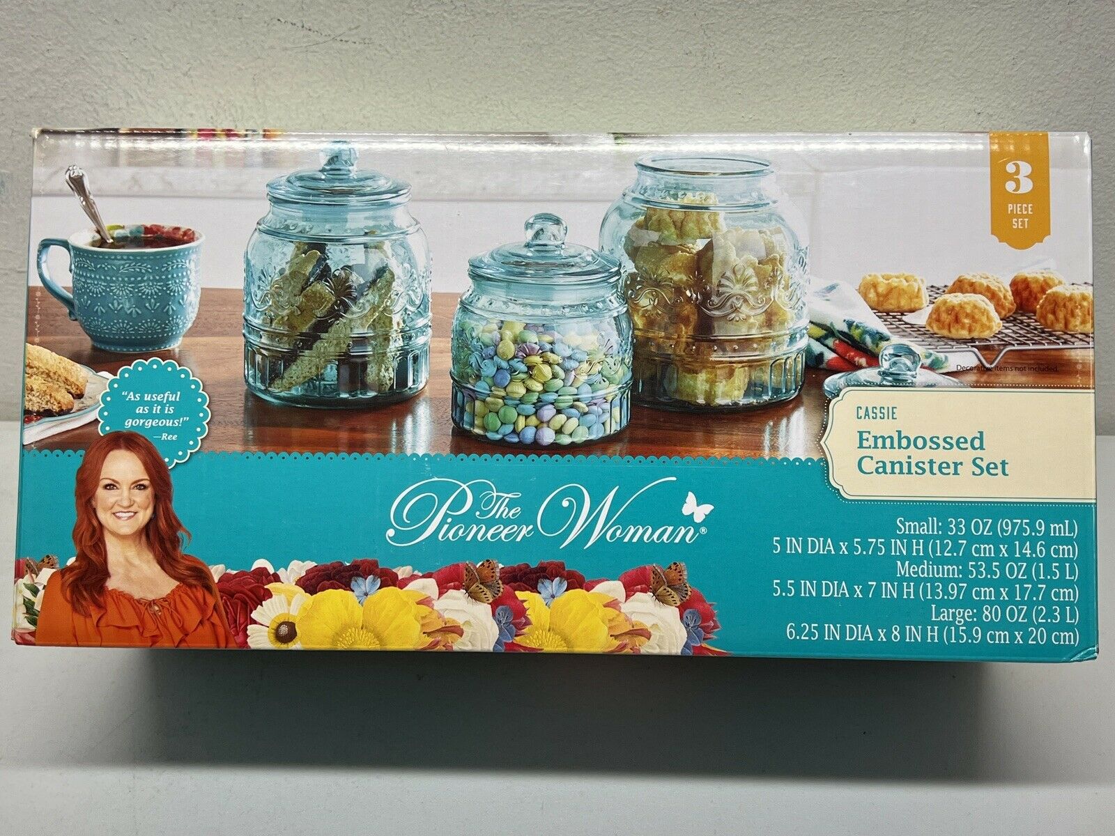 The Pioneer Woman Cassie Glass Canister Teal Set of 3 Storage Kitchen Candy NEW