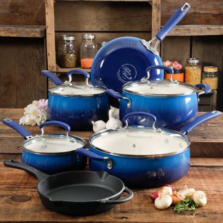 The Pioneer Woman Classic Belly 10 Piece Ceramic Non-stick and Cast Iron Cookware Set, Cobalt