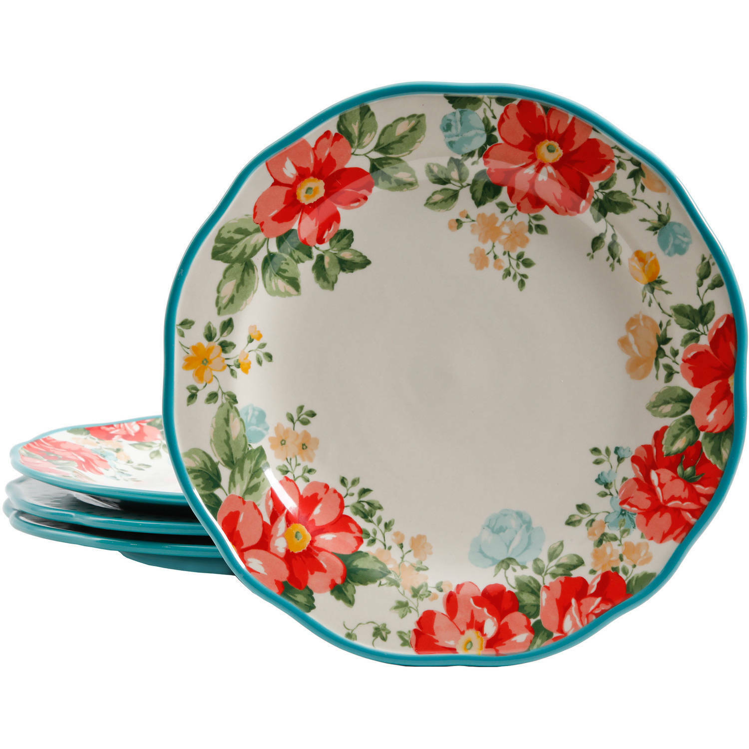 The Pioneer Woman Country Vintage Retro Floral Stoneware Dinner Plate, Set of 4