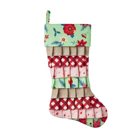 The Pioneer Woman Green Retro Holiday Floral Ruffle Polyester Christmas Stocking, 20"