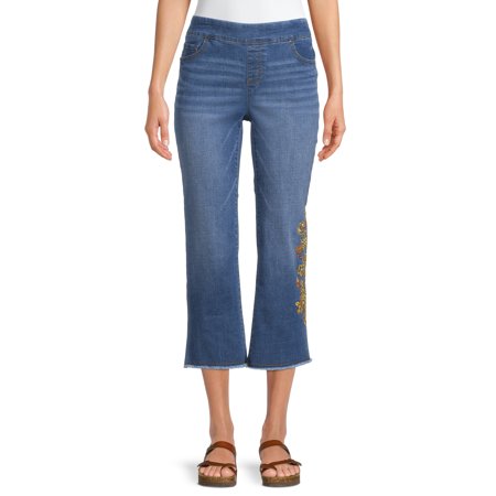 The Pioneer Woman Pull-On Embroidered Cropped Jeans, Women's