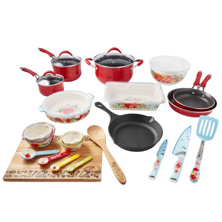 The Pioneer Woman Sweet Romance 30-Piece Nonstick Cookware Set, Red