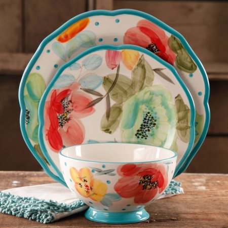The Pioneer Woman Vintage Bloom 12-Piece Dinnerware Set, Turquoise
