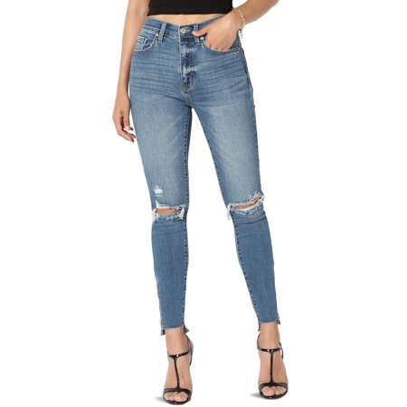 TheMogan Women's Distressed Ripped High Waist Zipper Step Hem Crop Skinny Jeans
