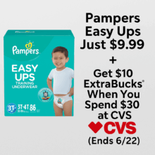 Pampers Easy Ups Just $9.99 + Get $10 ExtraBucks When You Spend $30 at CVS! (Ends 6/22)