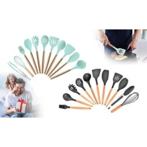 11 Pcs Silicone Cooking Utensil Set Heat Resistant Wooden Handle Premium Gifts Light in Grey