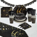 170-Piece 60th Birthday Party Supplies and Decorations for Men and Women with Black and Gold Paper Plates in 2 Sizes,...