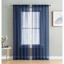 2-Piece Navy Blue Solid Sheer Voile Window Curtain Set, Two (2) Rod Pocket Panels 55
