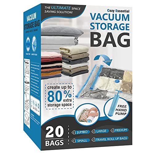 20 Pack Vacuum Storage Bags, Space Saver Bags (4 Jumbo/4 Large/4 Medium/4 Small/4 Roll) Compression Storage Bags for Comforters and...
