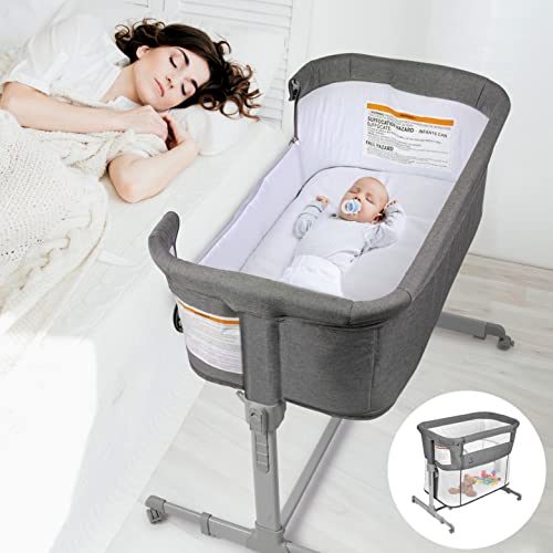 3 in 1 Baby Bassinet, Bedside Sleeper, & Playpen, Easy Folding Portable Crib (Grey)- KoolaBaby