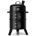 3-in-1 Portable Round Charcoal Smoker Vertical BBQ Grill Built-in Thermometer