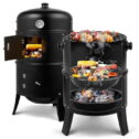 3-in-1 Vertical Multi-Layer Charcoal BBQ Smoker, 31 x 16 x 19 Inch Outdoor Grill Smoker with Built-in Thermometer, Round Small...
