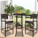 3 Piece High Top Patio Set, Modern Bar Height Bistro Set with High Top Glass Table and 2 Cushioned Chairs,...