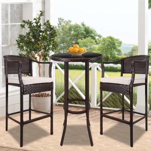 3 Piece High Top Patio Set, Modern Bar Height Bistro Set with High Top Glass Table and 2 Cushioned Chairs,...