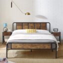 3-piece Queen Size Platform Bed and 2 Nightstands Bedroom Sets, Metal & MDF Material, Brown