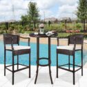 3 Pieces High Bar Chair Set, Brown Wicker Oudoor Patio Furniture Set, Outdoor Chairs and Coffee Table, PE Rattan Wicker...