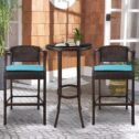 3 Pieces Outdoor High Top Table and Chairs Bar Sets, All Weather PE Wicker Patio Bistro Furniture Sets with Removable...
