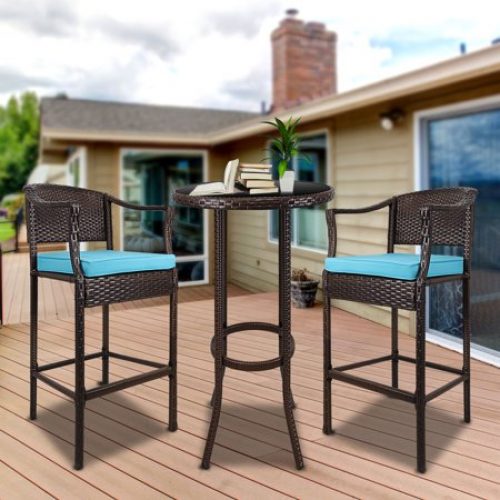 3 Pieces Patio Bar Set, PE Rattan High Bistro Set with 2 Cushioned Stools and Glass Top Table, Outdoor Conversation...