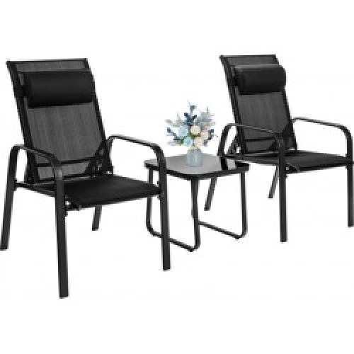 3 Pieces Patio Bistro Furniture Set with Adjustable Backrest-Black