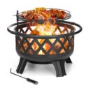 30'' Outdoor Fire Pit with Cooking Grate 2 in 1 Wood Burning Fire Pits with Mesh Lid & Poker, BBQ...