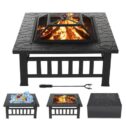 32 inch Fire Pit Table for Outside Square Outdoor Fire Pit Wood Burning BBQ Tabletop Firepit Metal Stove Bonfire Pit...