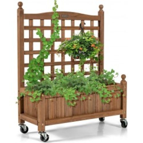32in Wood Planter Box with Trellis Mobile Raised Bed for Climbing Plant