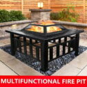 32'' Wood Burning Fire Pit Table, Outdoor Fireplace Square Metal Firepit 360°Mesh Screen Lid Poker Deep Bowl