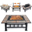 37inch Wood Fire Pits Outdoor Metal Firepit Square Table Backyard Patio Garden Stove Wood Burning BBQ Grill Fire Pit with...