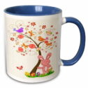 3dRose Cute Happy Easter Bunny and Whimsical Spring Tree Vector Illustration - Two Tone Blue Mug, 11-ounce