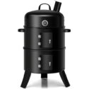 3 in 1 Round Charcoal Smoker, 16’’ Portable BBQ Vertical Smoker w/Thermometer, Hangers,Charcoal Smoker for Grilling, Camping, Black