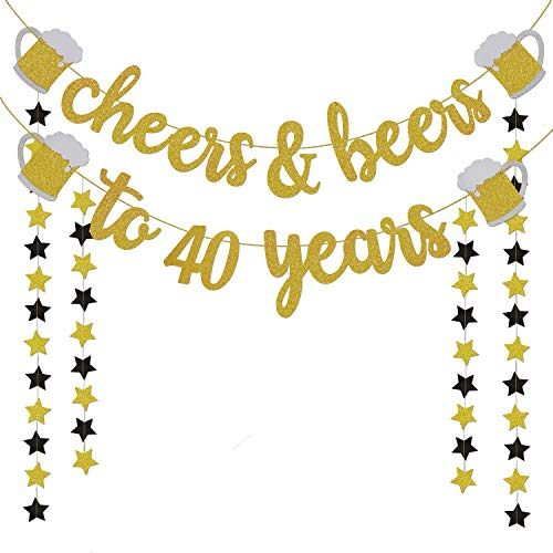 40th Birthday Decorations for Men / Women - 40th Birthday Gifts - Cheers & Beers to 40 Years Gold Glitter...