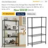 Ktaxon 4-Tier Heavy Duty Storage Rack, Capacity for 800 lbs, 36″L x 14″W x 47″H ONLY $33.59