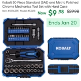 TODAY ONLY $9.98! – Kobalt 50-Piece Standard and Metric Polished Chrome Mechanics Tool Set with Hard Case