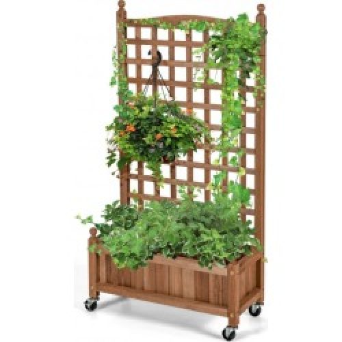 50 Inch Wood Planter Box with Trellis Mobile Raised Bed for Climbing Plant
