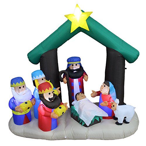 6 Foot Tall Christmas Inflatable Nativity Scene Manger Set with Three Kings Sheep Stable LED Lights Outdoor Indoor Holiday Decorations...