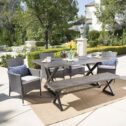 6-Piece Gray Wicker Finish Aluminum Outdoor Furniture Patio Dining Set - Silver Cushions
